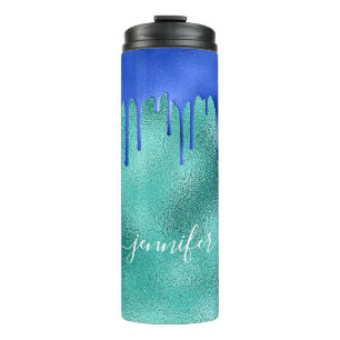 Teal royal blue green drips name thermal tumbler