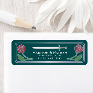 Teal Royal Medieval Fantasy Silver Sword Wedding Label