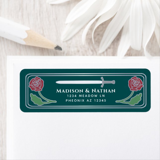 Teal Royal Medieval Fantasy Silver Sword Wedding Label (Insitu)
