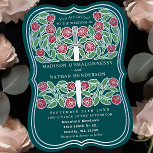 Teal Royal Medieval Floral Silver Sword Wedding Invitation
