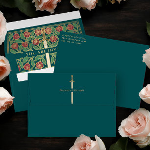 Teal Royal Medieval Gold Floral Sword Wedding Envelope