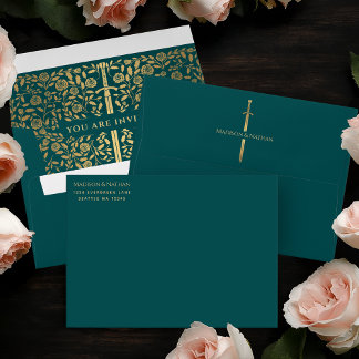 Teal Royal Medieval Gold Sword Wedding Envelope