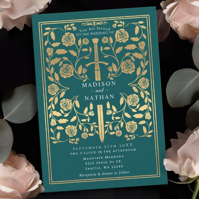 Teal Royal Medieval Gold Sword Wedding Invitation (Creator Uploaded)