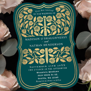 Teal Royal Medieval Gold Sword Wedding  Invitation