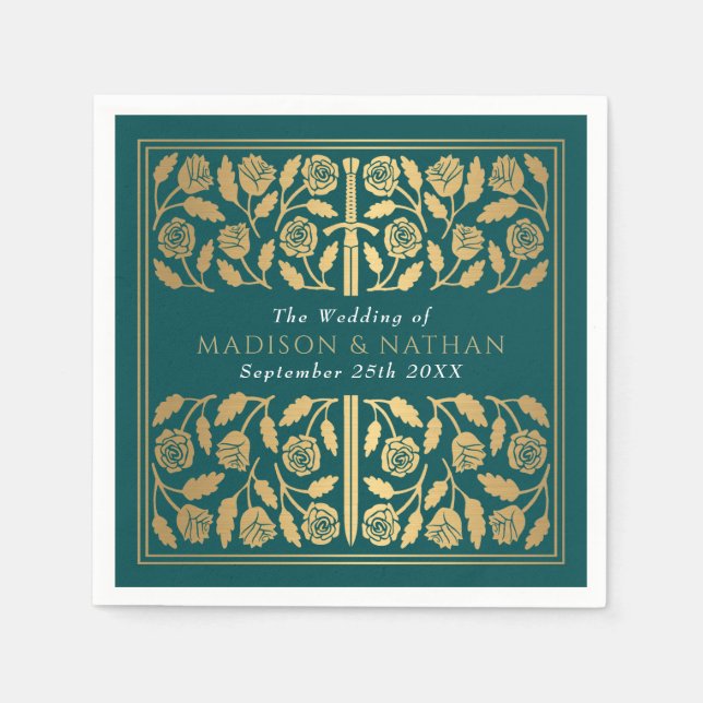 Teal Royal Medieval Gold Sword Wedding Napkins (Front)