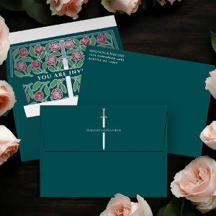 Teal Royal Medieval Silver Floral Sword Wedding Envelope