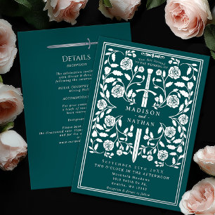 Teal Royal Medieval Silver Sword Wedding Details Foil Invitation