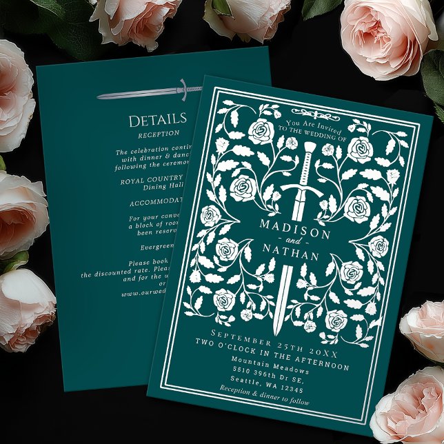 Teal Royal Medieval Silver Sword Wedding Details Foil Invitation (Creator Uploaded)