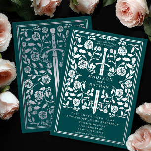 Teal Royal Medieval Silver Sword Wedding Foil Invitation