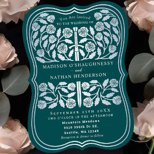 Teal Royal Medieval Silver Sword Wedding Invitation