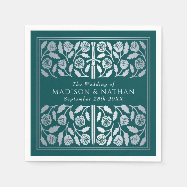 Teal Royal Medieval Silver Sword Wedding Napkins (Front)