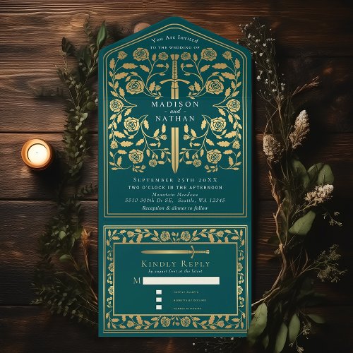 Teal Royal Medieval Sword Wedding All In One Invitation