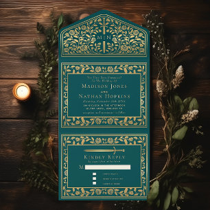 Teal Royal Medieval Sword Wedding All In One Invitation
