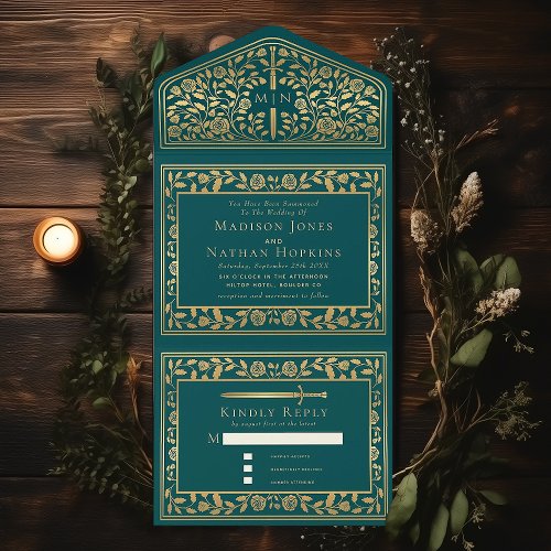 Teal Royal Medieval Sword Wedding  All In One Invitation
