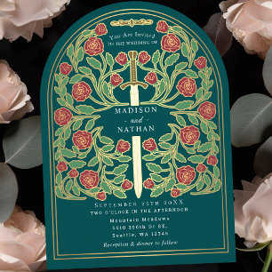 Teal Royal Medieval Sword Wedding Arch Invitation