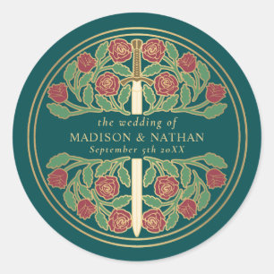 Teal Royal Medieval Sword Wedding Classic Round Sticker
