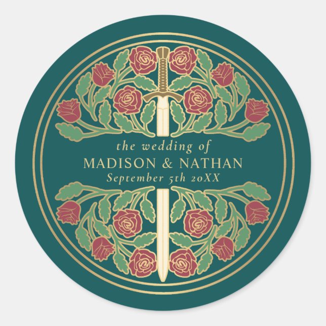 Teal Royal Medieval Sword Wedding  Classic Round Sticker (Front)
