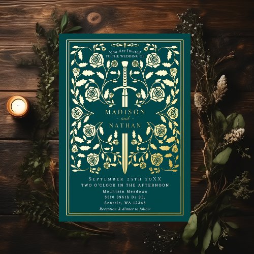 Teal Royal Medieval Sword Wedding Foil Invitation