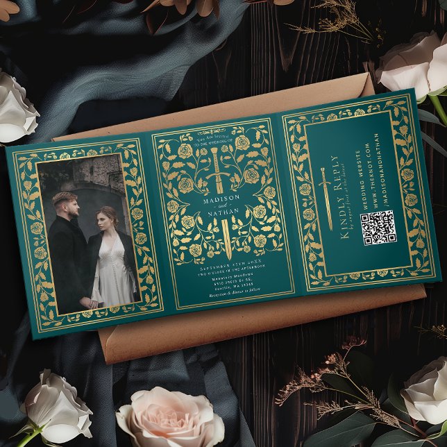 Teal Royal Medieval Sword Wedding QR Code Tri-Fold Invitation (Creator Uploaded)