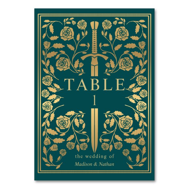 Teal Royal Medieval Sword Wedding Table Number (Front)