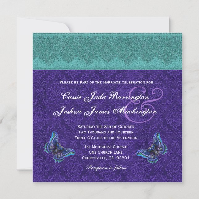 Teal Royal Purple Butterfly Monogram Wedding V15C Invitation (Front)