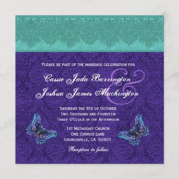 Teal Royal Purple Butterfly Monogram Wedding V15C Invitation
