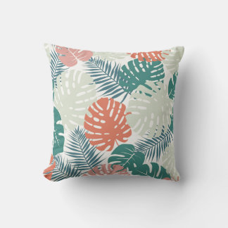 Teal Russet Palm Leaf Pattern Tropical Throw Pillow