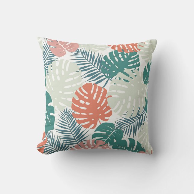 Teal Russet Palm Leaf Pattern Tropical Throw Pillow (Front)