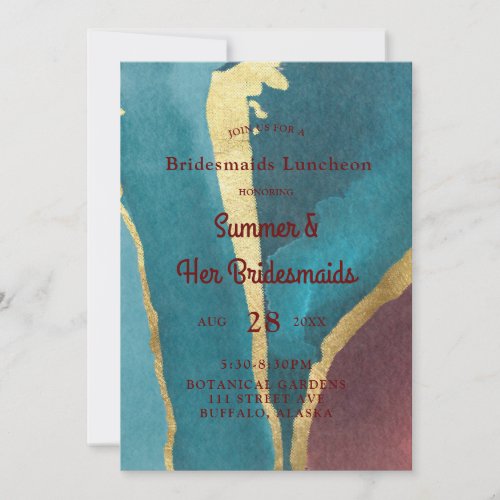 Teal Rust Agate Gold Bridesmaids Luncheon Invitation