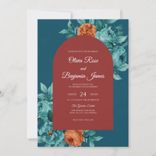 Teal Rust Bloom Wedding Invitation