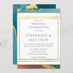 Teal Rust Copper Agate Gold Geometric Wedding Invitation