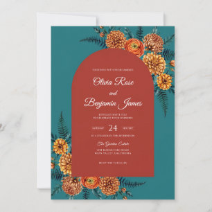 Teal Rust Dahlia Wedding Invitation
