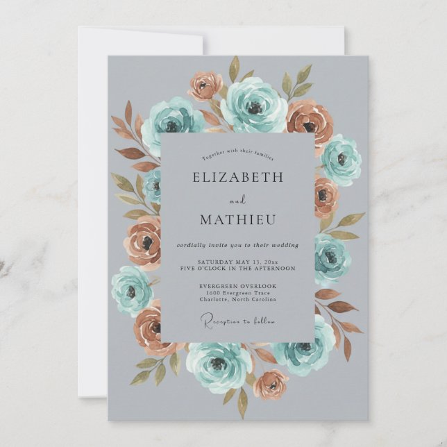 Teal Rust Moody Botanical Wedding Invitation (Front)