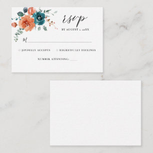 Teal Rust Orange Floral Watercolor Wedding RSVP Enclosure Card