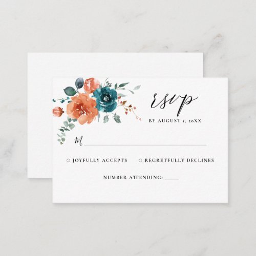 Teal Rust Orange Floral Watercolor Wedding RSVP Enclosure Card