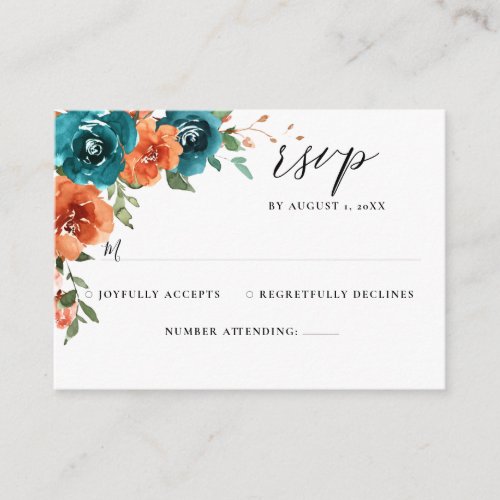 Teal Rust Orange Floral Watercolor Wedding RSVP Enclosure Card