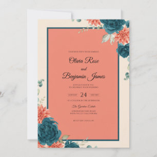 Teal Rust Peony Wedding Invitation