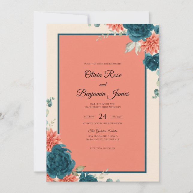 Teal Rust Peony Wedding Invitation (Front)