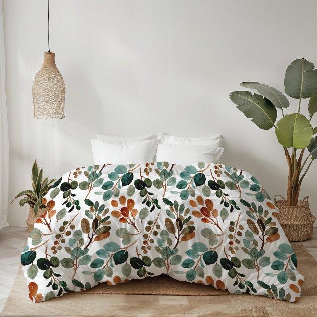 Teal Rust Sage Green Brown Leaves Autumn Duvet Cover (Teal, rust, and sage green leaves duvet cover)