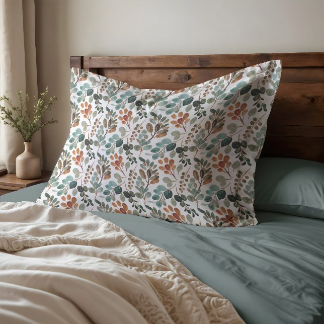 Teal Rust Sage Green Brown Leaves Autumn Pillow Case (Teal, rust, and sage leaves pillowcase)