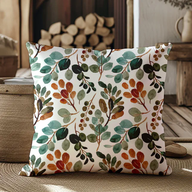 Teal Rust Sage Green Brown Leaves Autumn Throw Pillow
