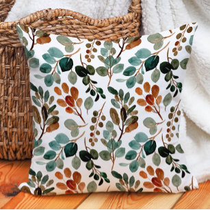Teal Rust Sage Green Leaves White Fall Autumn Throw Pillow