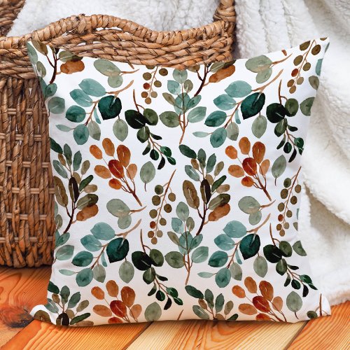 Teal Rust Sage Green Leaves White Fall Autumn Throw Pillow