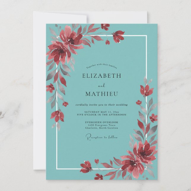 Teal Rust Wildflower Wedding Invitation (Front)