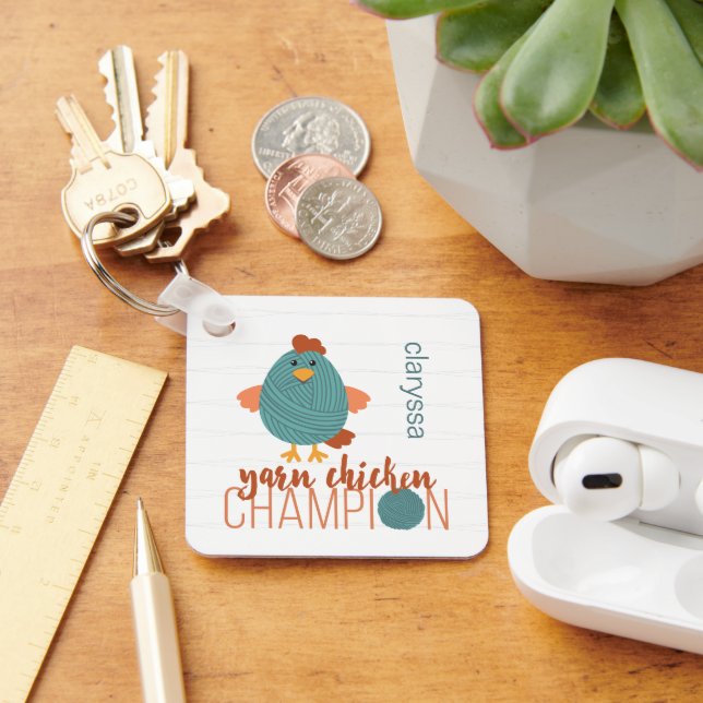 Teal & Rust Yarn Chicken Champion Keychain (Desk)