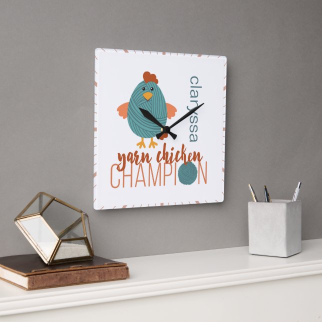 Teal & Rust Yarn Chicken Champion Square Wall Clock (Office)