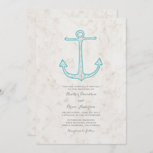 Teal Rustic Anchor Wedding Invite (Front/Back)