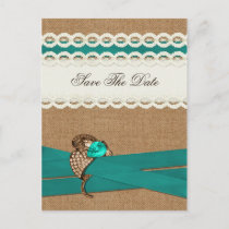 Teal Rustic burlap and lace country wedding Announcement Postcard