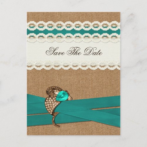 Teal Rustic burlap and lace country wedding Announcement Postcard