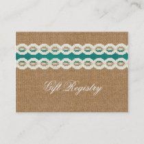 Teal Rustic burlap and lace country wedding Business Card